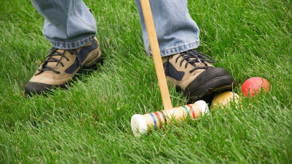 Picture of a person hitting a croquet ball