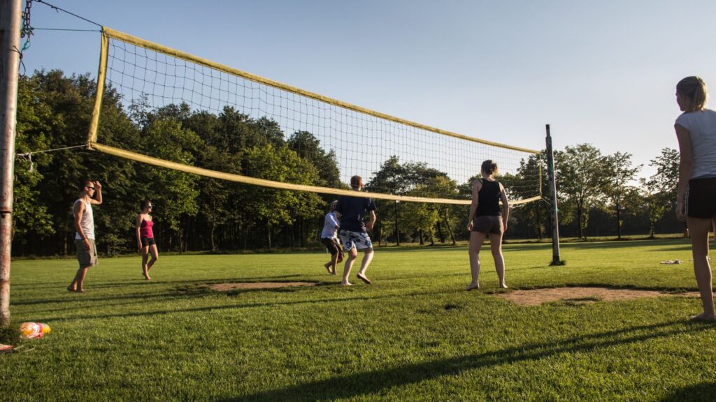 Picture of people playing backyard volleyball. 